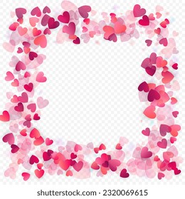 Herzliebe, Vektorhintergrund. Valentinrahmen. Rosa Herzen Konfetti. Gesenkte Liebessymbole. Zufällig fallende Herzform auf transparentem Hintergrund. Schöne Einladung, Grußkartenillustration.