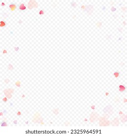 Heart love vector background. Valentine frame. Pink hearts confetti. Scattered love symbols. Random falling heart shape on transparent background. Beautiful Invitation, Greeting Card Illustration.