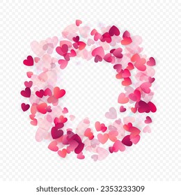 Herzliebe, Vektorhintergrund. Valentinrahmen. Rosa Herzen Konfetti. Gesenkte Liebessymbole. Zufällig fallende Herzform auf transparentem Hintergrund. Schöne Einladung, Grußkartenillustration.