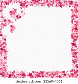 Heart love vector background. Valentine frame. Pink hearts confetti. Scattered love symbols. Random falling heart shape on transparent background. Beautiful Invitation, Greeting Card Illustration.