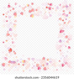 Fondo vectorial de amor cardíaco. Marco de San Valentín. Confeti de corazones rosados. Símbolos de amor dispersos. Forma cardíaca al azar sobre fondo transparente. Hermosa Invitación, Ilustración De Tarjeta De Saludo.