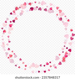 Heart love vector background. Valentine frame. Pink hearts confetti. Scattered love symbols. Random falling heart shape on transparent background. Beautiful Invitation, Greeting Card Illustration.