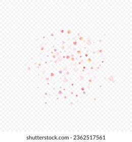 Fondo vectorial de amor cardíaco. Marco de San Valentín. Confeti de corazones rosados. Símbolos de amor dispersos. Forma cardíaca al azar sobre fondo transparente. Hermosa Invitación, Ilustración De Tarjeta De Saludo.