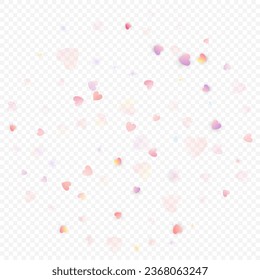 Heart love vector background. Valentine frame. Pink hearts confetti. Scattered love symbols. Random falling heart shape on transparent background. Beautiful Invitation, Greeting Card Illustration.