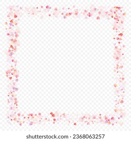 Fondo vectorial de amor cardíaco. Marco de San Valentín. Confeti de corazones rosados. Símbolos de amor dispersos. Forma cardíaca al azar sobre fondo transparente. Hermosa Invitación, Ilustración De Tarjeta De Saludo.