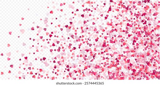Heart love vector background. Valentine frame. Pink hearts confetti. Scattered love symbols. Random falling heart shape on transparent background. Beautiful Invitation, Greeting Card Illustration.