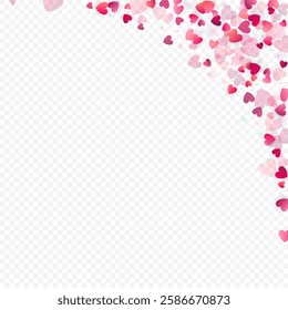 Heart love vector background. Valentine frame. Pink hearts confetti. Scattered love symbols. Random falling heart shape on transparent background. Beautiful Invitation, Greeting Card Illustration.