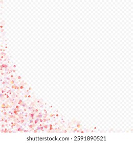 Heart love vector background. Valentine frame. Pink hearts confetti. Scattered love symbols. Random falling heart shape on transparent background. Beautiful Invitation, Greeting Card Illustration.