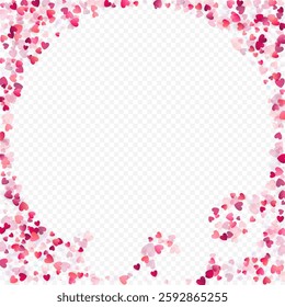 Heart love vector background. Valentine frame. Pink hearts confetti. Scattered love symbols. Random falling heart shape on transparent background. Beautiful Invitation, Greeting Card Illustration.