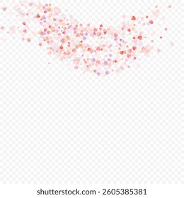 Heart love vector background. Valentine frame. Pink hearts confetti. Scattered love symbols. Random falling heart shape on transparent background. Beautiful Invitation, Greeting Card Illustration.