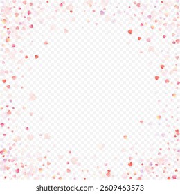 Heart love vector background. Valentine frame. Pink hearts confetti. Scattered love symbols. Random falling heart shape on transparent background. Beautiful Invitation, Greeting Card Illustration.