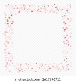 Heart love vector background. Valentine frame. Pink hearts confetti. Scattered love symbols. Random falling heart shape on transparent background. Beautiful Invitation, Greeting Card Illustration.