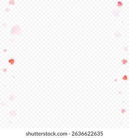 Heart love vector background. Valentine frame. Pink hearts confetti. Scattered love symbols. Random falling heart shape on transparent background. Beautiful Invitation, Greeting Card Illustration.
