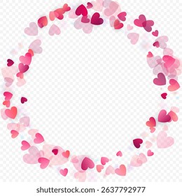 Heart love vector background. Valentine frame. Pink hearts confetti. Scattered love symbols. Random falling heart shape on transparent background. Beautiful Invitation, Greeting Card Illustration.