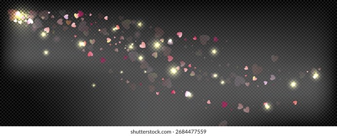 Fondo de Vector de amor de corazón. Marco de San Valentín. Confeti de corazón rosa. Símbolos de amor dispersos. Forma de corazón que cae al azar sobre fondo negro transparente. Hermosa ilustración de tarjeta de felicitación de invitación.