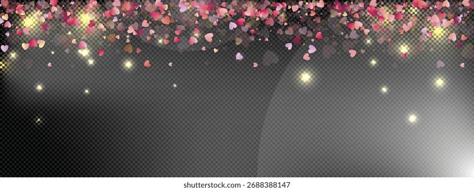 Fondo de Vector de amor de corazón. Marco de San Valentín. Confeti de corazón rosa. Símbolos de amor dispersos. Forma de corazón que cae al azar sobre fondo negro transparente. Hermosa ilustración de tarjeta de felicitación de invitación.