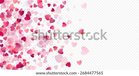 Heart love vector background. Valentine frame. Pink hearts confetti. Scattered love symbols. Random falling heart shape on transparent background. Beautiful Invitation, Greeting Card Illustration.