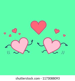 Heart in love. Vector concept illustration of two happy hearts running to each other with heart symbols above | flat design linear infographic icon on green background