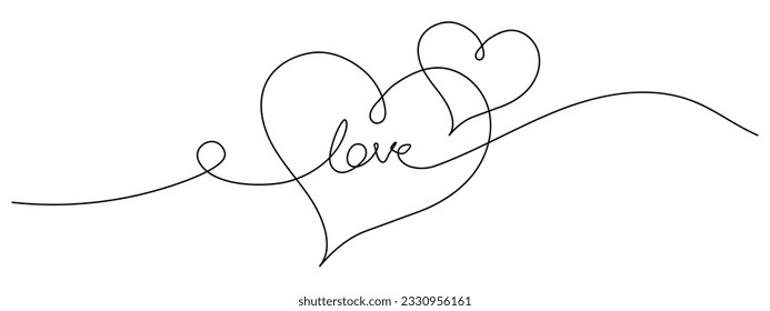 Heart love vector continuous line art illustration. For Romantic couple or medical related heart care decoration background. Modern minimalist banner size hand drown calligraphy.