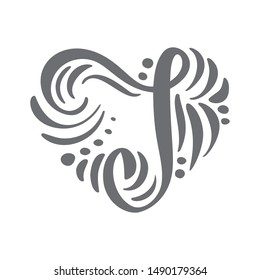 Heart love vector Hand Drawn calligraphic scandinavian floral I logo. Uppercase Hand Lettering Letter J with curl. Wedding Floral Design