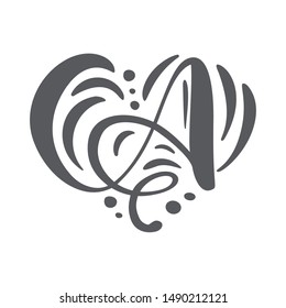 Heart love vector Hand Drawn calligraphic scandinavian floral A logo. Uppercase Hand Lettering Letter A with curl. Wedding Floral Design