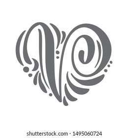 Heart love vector Hand Drawn calligraphic scandinavian floral P logo. Uppercase Hand Lettering Letter H with curl. Wedding Floral Design