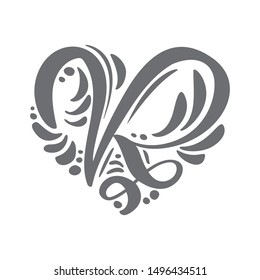 Heart love vector Hand Drawn calligraphic scandinavian floral R logo. Uppercase Hand Lettering Letter R with curl. Wedding Floral Design