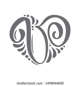 Heart love vector Hand Drawn calligraphic scandinavian floral V logo. Uppercase Hand Lettering Letter T with curl. Wedding Floral Design