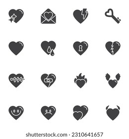Herz und Liebe Vektorsymbole Set, moderne solide Symbolsammlung, gefülltes Piktogrammpaket. Zeichen, Logo-Illustration. Set enthält Symbole wie zwei Herzchen Paar, Herzschlag, Liebesnachricht, Bluttropfen