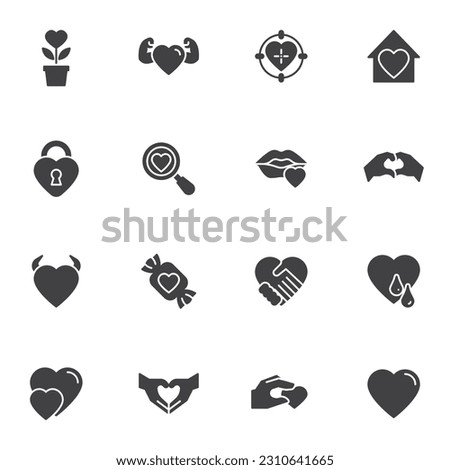Heart and love vector icons set, modern solid symbol collection, filled style pictogram pack. Signs, logo illustration. Set includes icons as charity, hand with heart, lips blowing kiss, search love