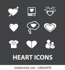 heart, love, wedding, tenderness white isolated icons, signs on black background for design, vector set