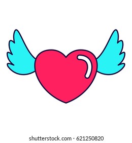 Heart love wings lines icon. Fashion patch, pin badges set inspired by 80s - 90s comic style. Flat vector cartoon illustration. Objects isolated on a white background.