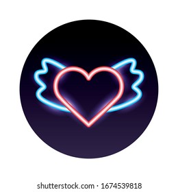 heart love with wings neon lights icon vector illustration design