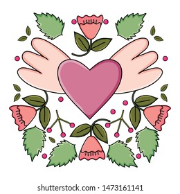 heart love with wings and roses pop art style