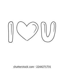 I heart love you in black isolated on white background, Bubble hand written font, romantic mood, love, balloons. Hand drawn vector sketch illustration in simple doodle vintage engraved style.
