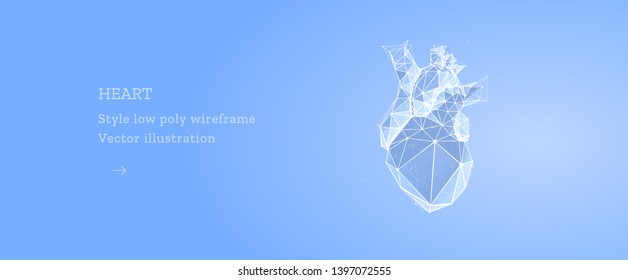 Heart. Low poly wireframe style. Technology and innovation in medicine. Abstract illustration isolated on light background.  Particles are connected in a geometric silhouette. 