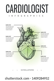 Heart. Low poly wireframe style. Technology and innovation in cardiology. Infographic banner.  Abstract illustration isolated on white background.  Particles are connected in a geometric silhouette. 