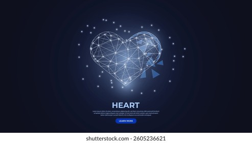 Heart low poly wireframe vector illustration. Illustration of a heart icon made by glowing dots and lines. Good for website, banner and landing page.	