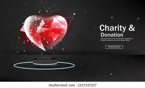 The heart is a low-poly style. Abstract geometric background. The frame structure of the connection. Modern concept of 3D graphics. Help to those in need. Charitable donation. Vector illustration