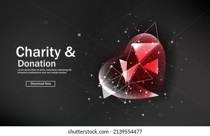 The heart is a low-poly style. Abstract geometric background. The frame structure of the connection. Modern concept of 3D graphics. Help to those in need. Charitable donation. Vector illustration