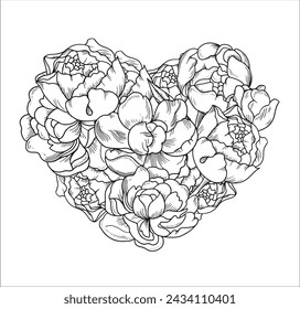 Heart of luxury peonies flowers. Trendy botanical element. Wedding elegant wildflowers for invitation save the date card. Vector trendy greenery. Vector hand drawn illustration on white backgrounds.