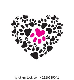  Heart made of animal paw prints. Contour. Emblem of the animal shelter. Vector illustration.