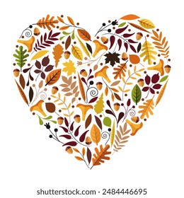 A heart made of autumn leaves. Autumn leaves are chanterelle mushrooms, acorns and twigs folded in the shape of a heart. Love for autumn. Vector illustration isolated on a white background for design 