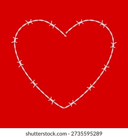 Heart made of barbed wire on red background. Metaphor of wounded heart, love, passion and hurt.
