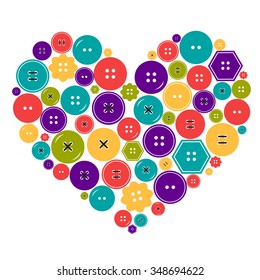 Heart made of bright clothes buttons. Valentine'?s day greeting card