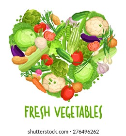 Heart made by different vegetables on white with text