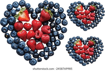 heart made by fresh strawberry and a half of blueberry isolated on white background