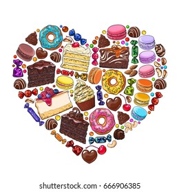 Heart made of cakes, sweets, candies, macaroons, nuts, donuts and other desserts and pastries, sketch vector illustration isolated on white background. Heart formed by pastries, candies and desserts