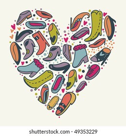 Heart made of cartoon shoes in vector