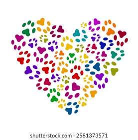 Heart made of cat's paws. Favorite pets, background. Vector colorful illustration.